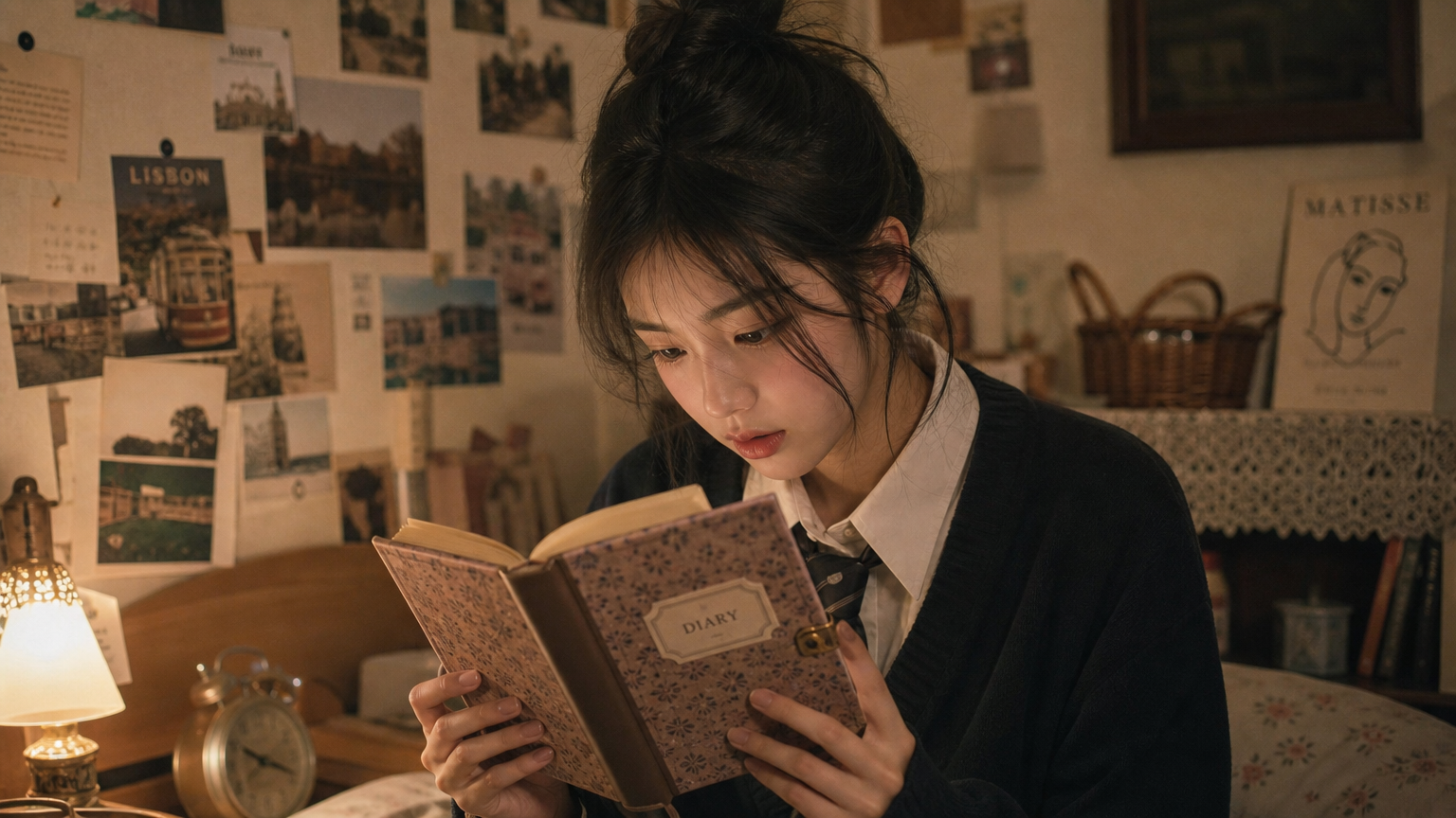 호기심 많은 한국 소년이 아늑한 방에서 비밀리에 일기를 읽는 장면