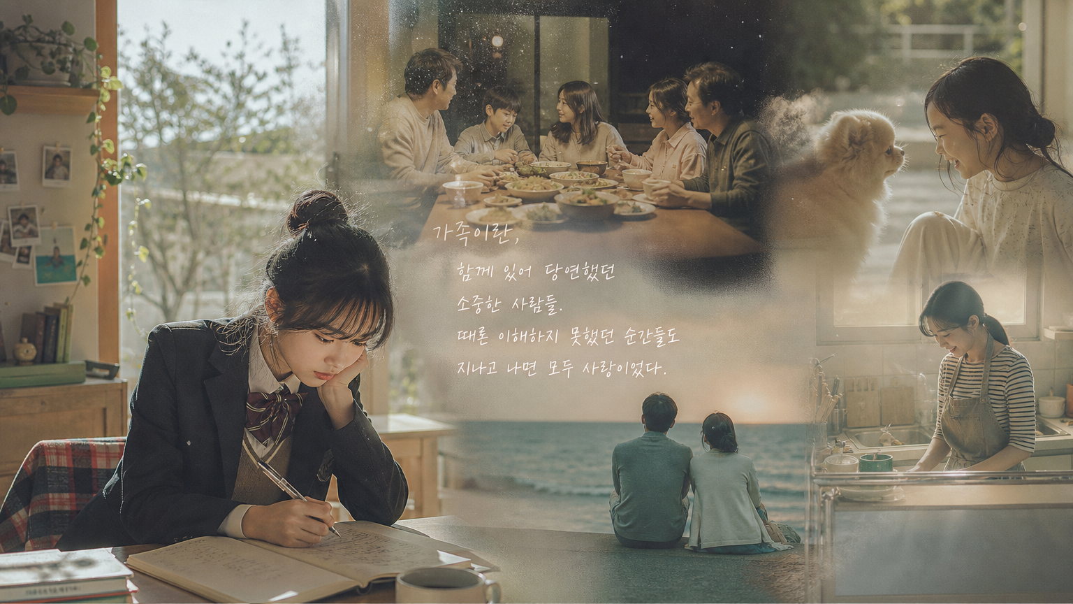 고등학생이 가족 생활을 관찰하고 글쓰기에 몰두하는 모습