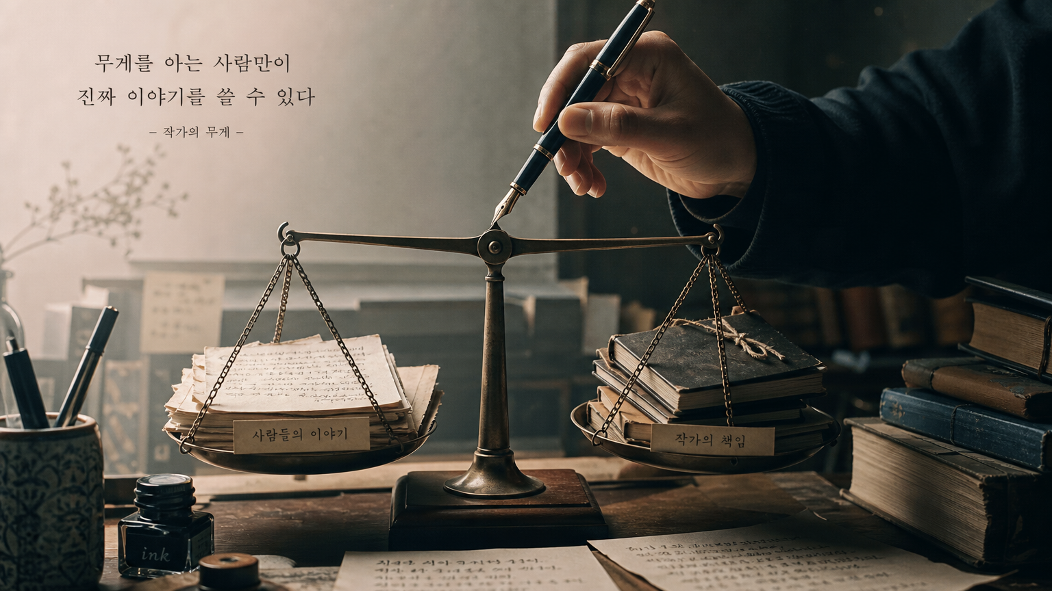 무거운 저울 위에서 펜을 들고 있는 작가 손으로 책임감을 나타낸 장면