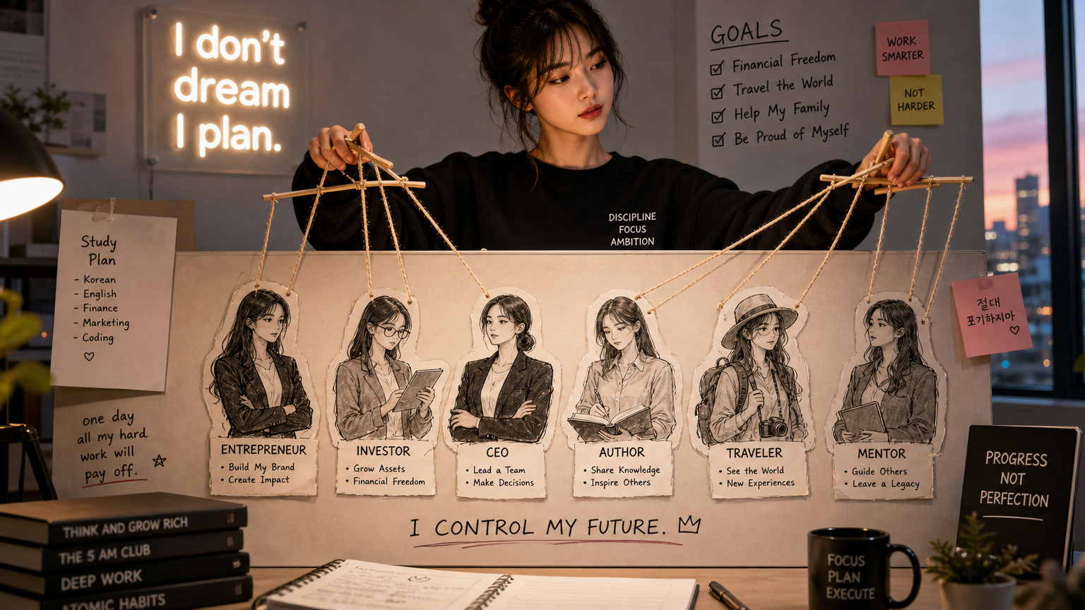 캐릭터 스케치에 연결된 줄들을 조종하는 야심 찬 학생 모습
