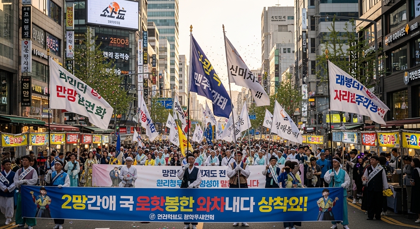 다양한 사람들이 모여 있는 바쁜 한국 도심 거리에서 메이데이를 축하하는 모습