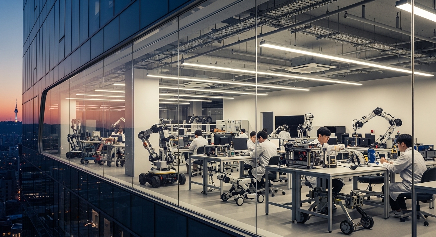 현대적이고 미래 지향적인 건물 내부에서 자율 이동 로봇을 개발 중인 엔지니어들의 모습