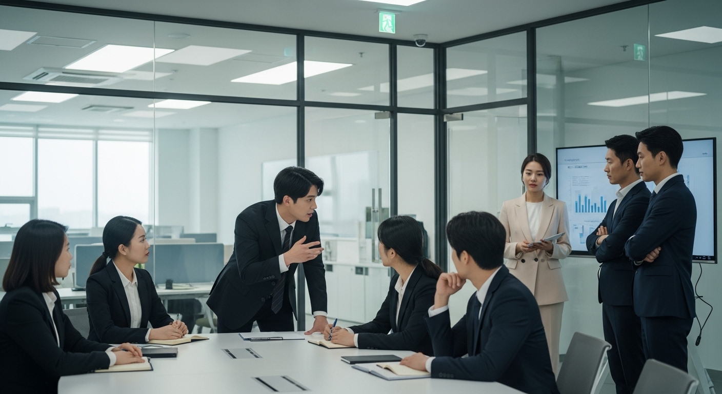 현대 한국 사무실에서 일부 사람들은 자신감 있게 말하고 다른 사람들은 수동적으로 듣고 있는 모습, 합리화와 책임 회피가 만연한 분위기 반영