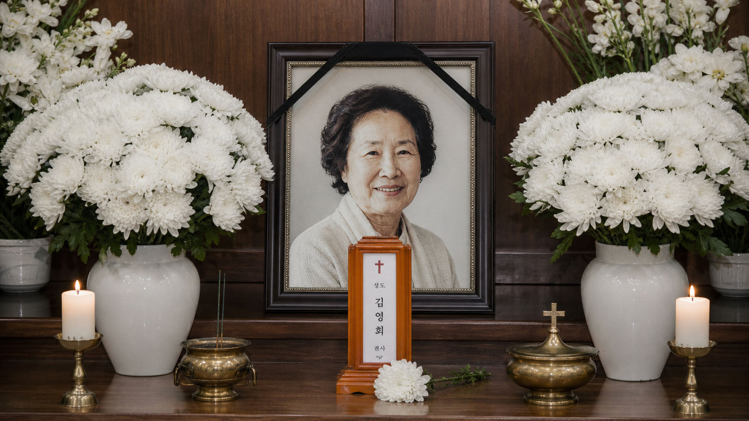 고인의 사진과 국화꽃이 놓인 차분한 추모 장소