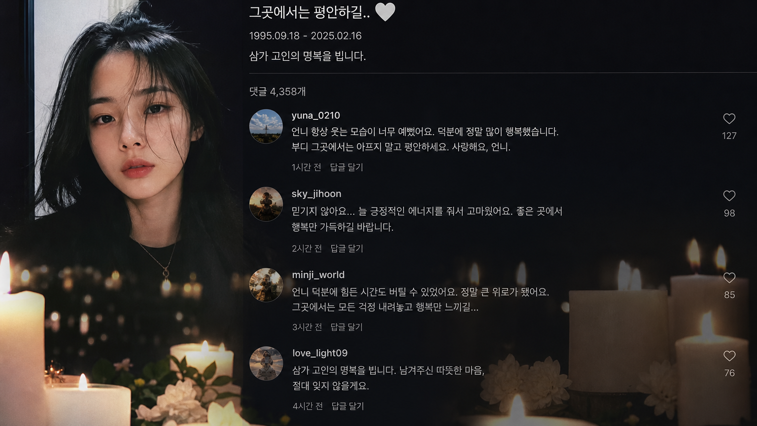 한국 인플루언서의 SNS 추모 공간에서 사람들이 진심 어린 메시지를 남기는 모습
