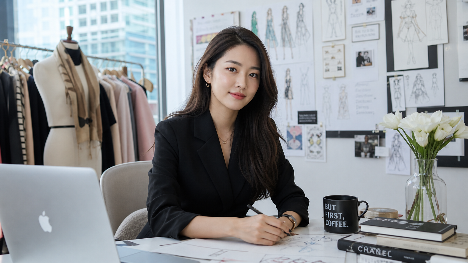 패션 아이템과 디자인 스케치로 가득 찬 홈 오피스에서 자신감 넘치는 여성이 포즈를 취하는 모습