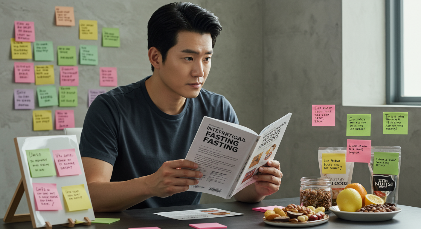 연구 저널을 읽으며 새로운 다이어트 접근법을 고민하는 한국 남성의 모습