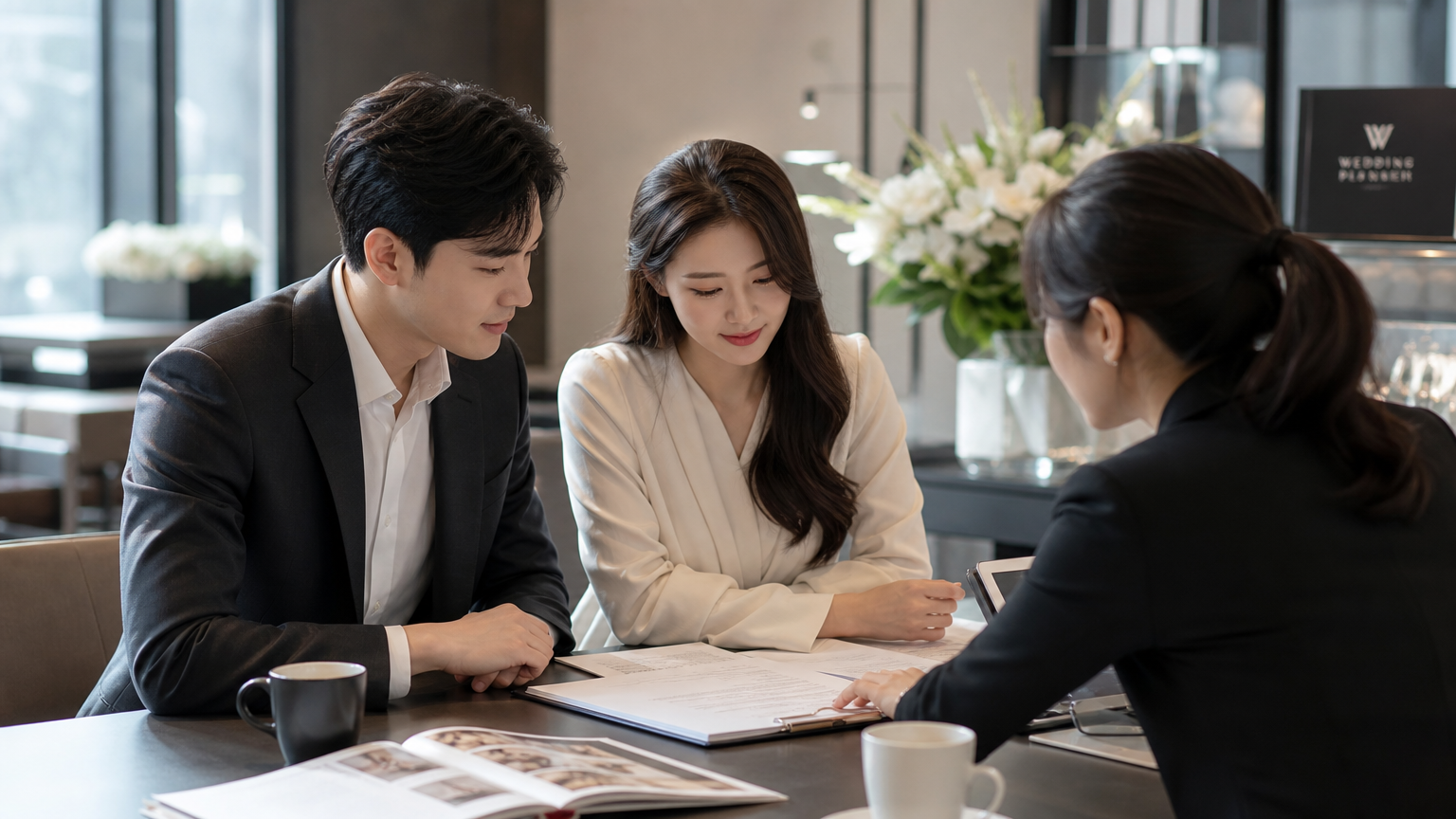 현대적인 사무실 공간에서 웨딩 플래너와 함께 계약서를 검토하는 한국 커플