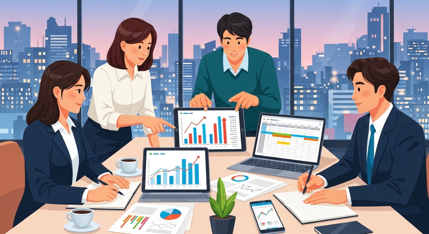 바쁜 도시 속에서 디지털 기기를 활용해 미래 계획을 세우는 젊은 직장인들