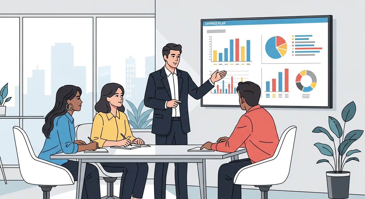현대식 사무실에서 젊은이들에게 저축 계획을 설명하는 금융 전문가들