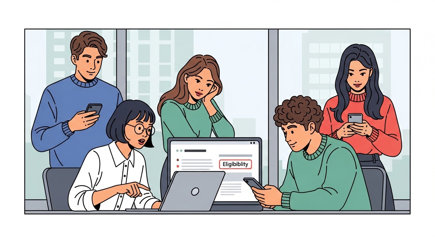 노트북과 스마트폰으로 적금 계좌 가입 조건을 검토하는 다양한 청년들