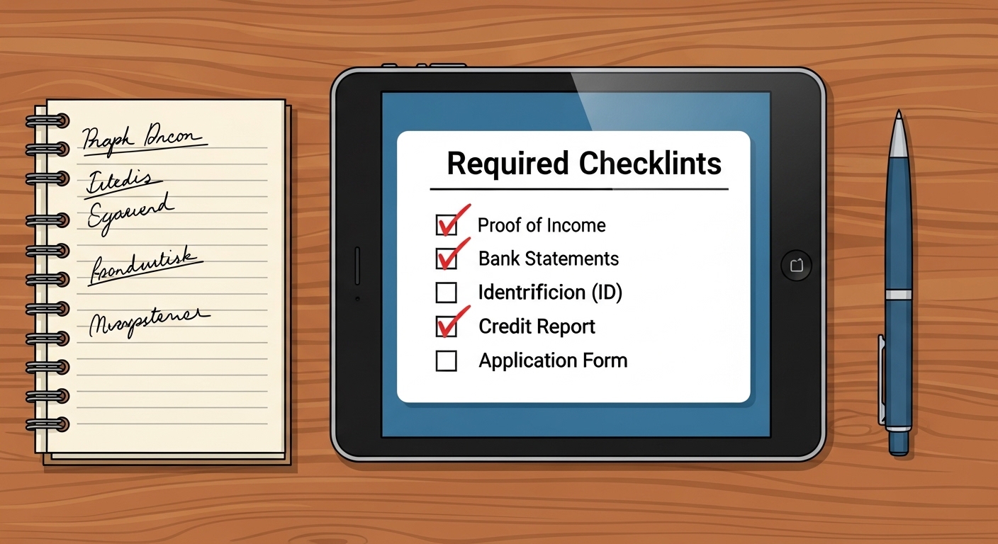 태블릿 화면에 표시된 금융 신청서류 체크리스트와 펜 및 종이