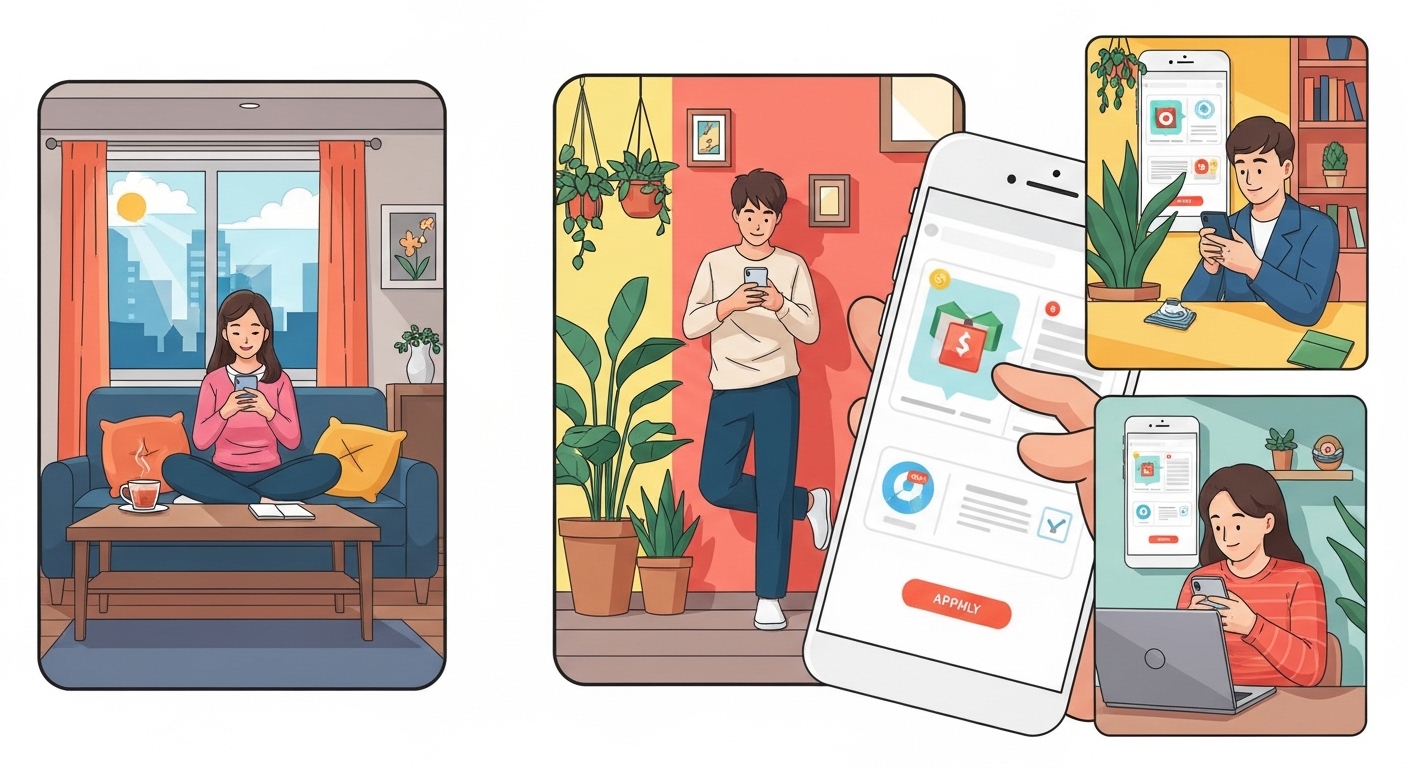 스마트폰 앱으로 집에서 쉽게 금융 상품에 가입하는 젊은 한국인들