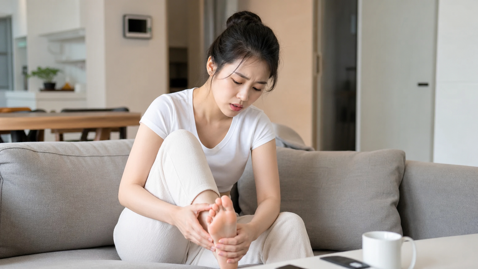 현대 한국 여성이 아파트 거실에서 발을 마사지하며 걱정스러운 표정을 짓고 있는 모습