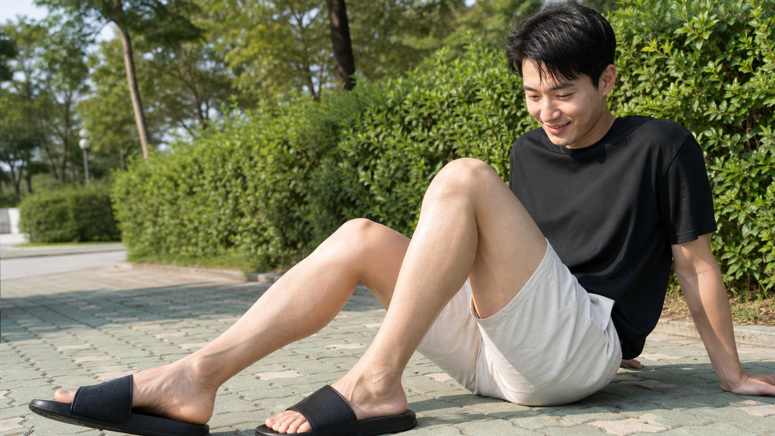 잘 관리된 발을 보고 미소 짓는 한국 남성이 공원에서 샌들을 신고 있는 모습