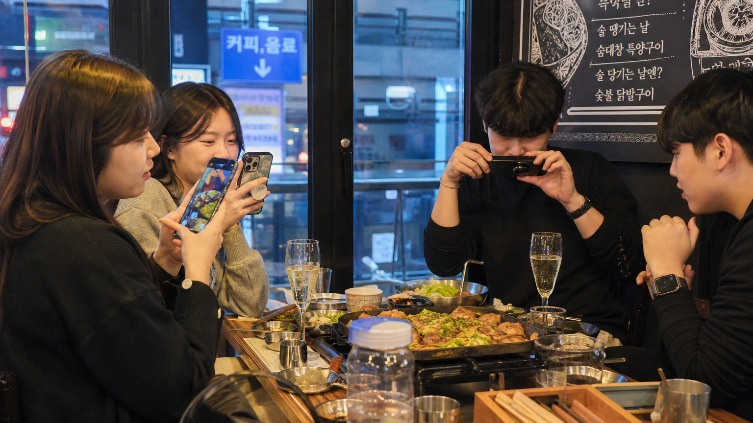 범계역 인근에서 트렌디한 식당을 즐기며 사진을 찍는 젊은 세대들