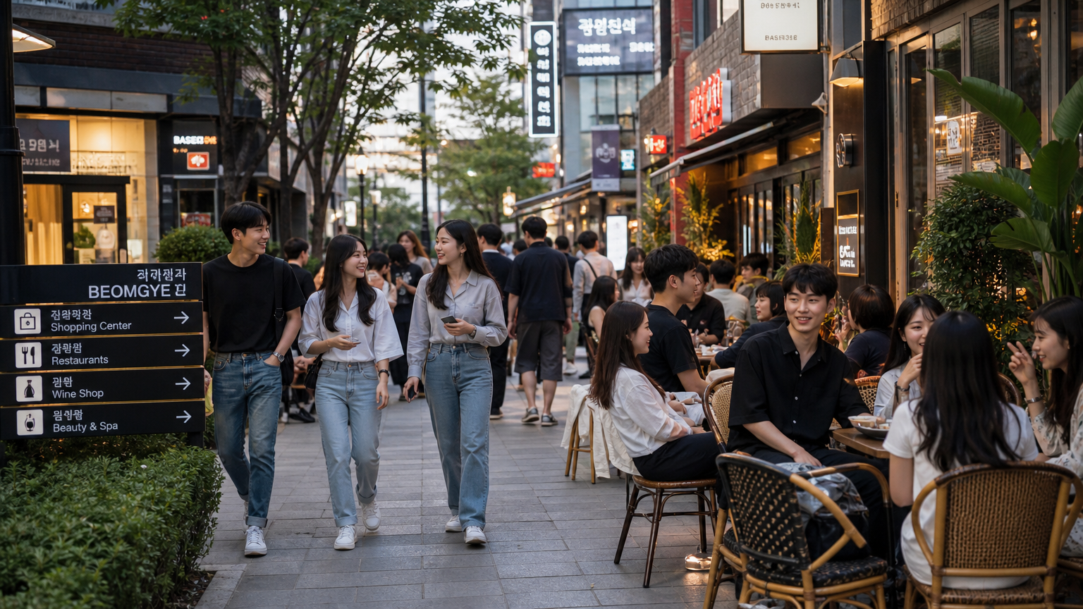 독특한 음식점과 카페가 가득한 활기찬 범계 지역을 즐기는 젊은 사람들
