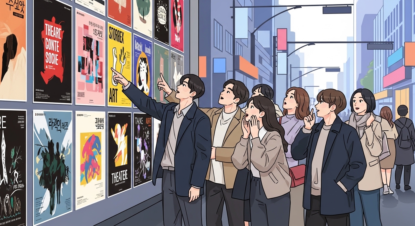 젊은 한국인들이 공연 포스터를 보고 있는 모습