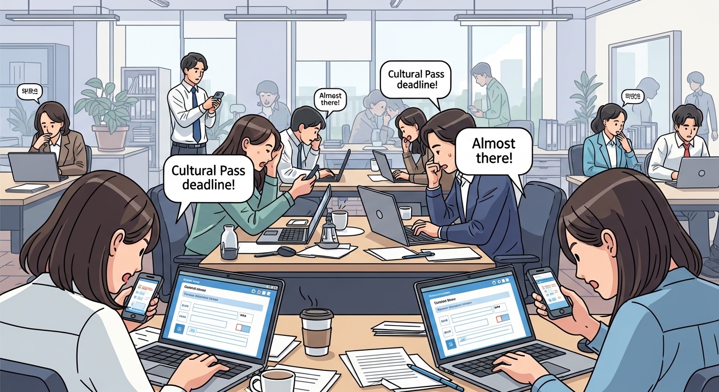 사무실에서 서둘러 패스를 신청하는 모습