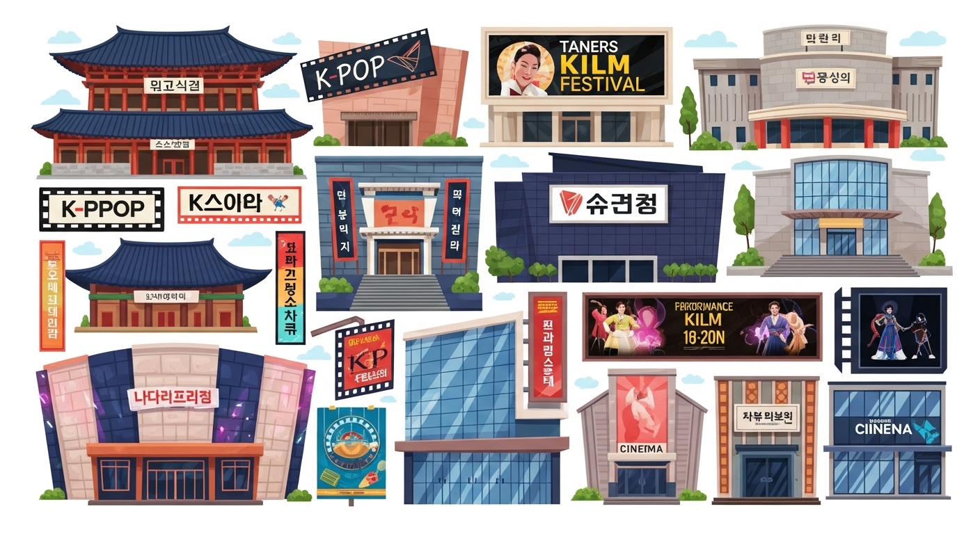 극장과 영화관을 포함한 다양한 문화시설 콜라주 이미지