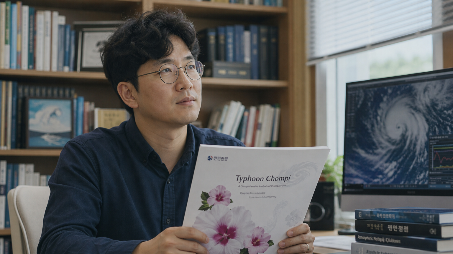 연구실에서 참피 보고서를 들고 있는 연구원의 생각에 잠긴 모습