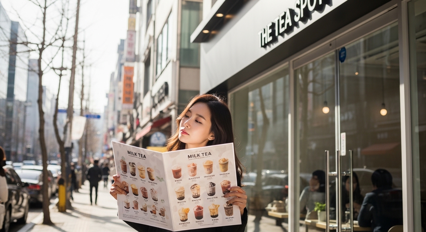 현대적인 찻집 앞에서 다양한 밀크티 메뉴를 고민하는 여성