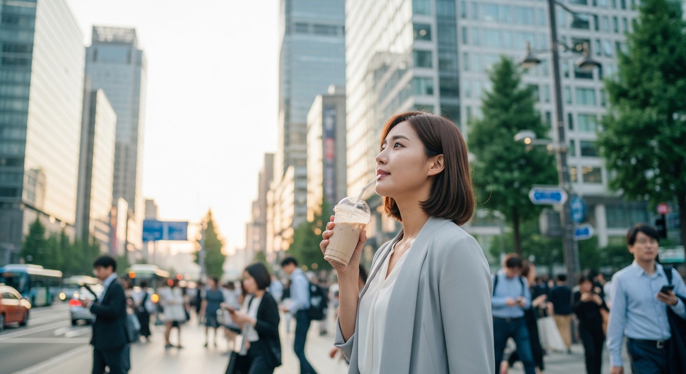 출근길에 밀크티를 마시는 젊은 직장인의 모습
