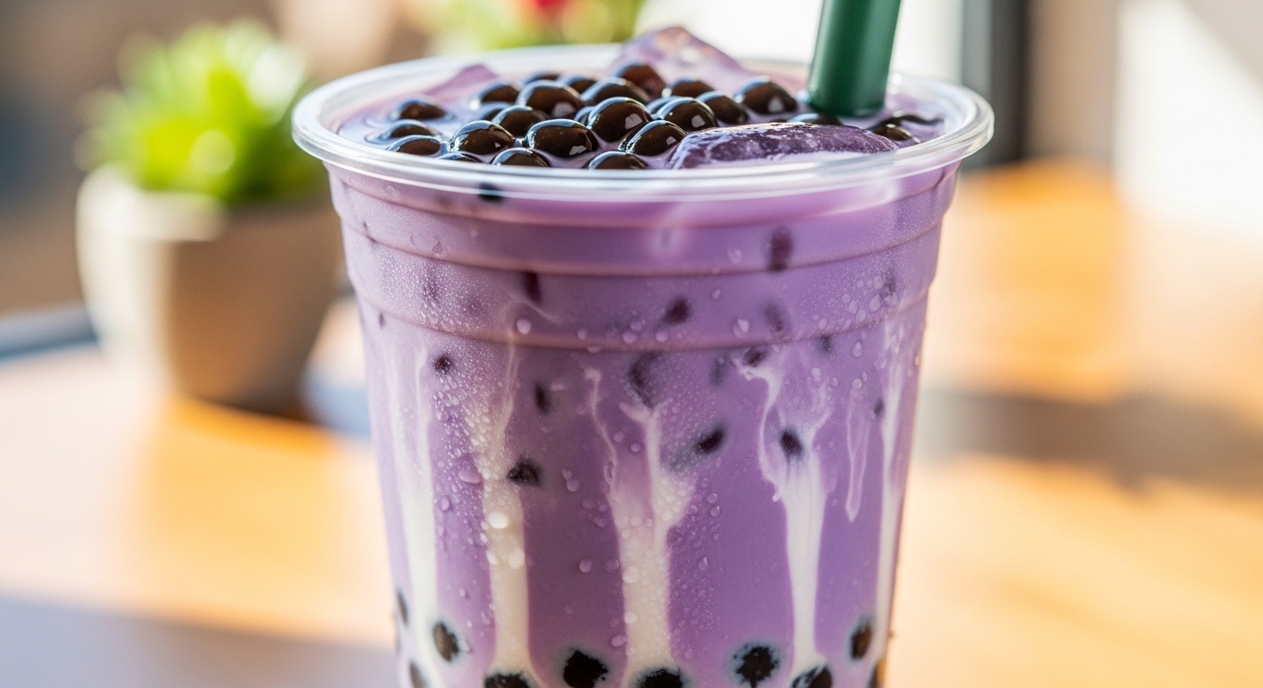 투명한 플라스틱 컵에 담긴 보라색 타로 밀크티 클로즈업