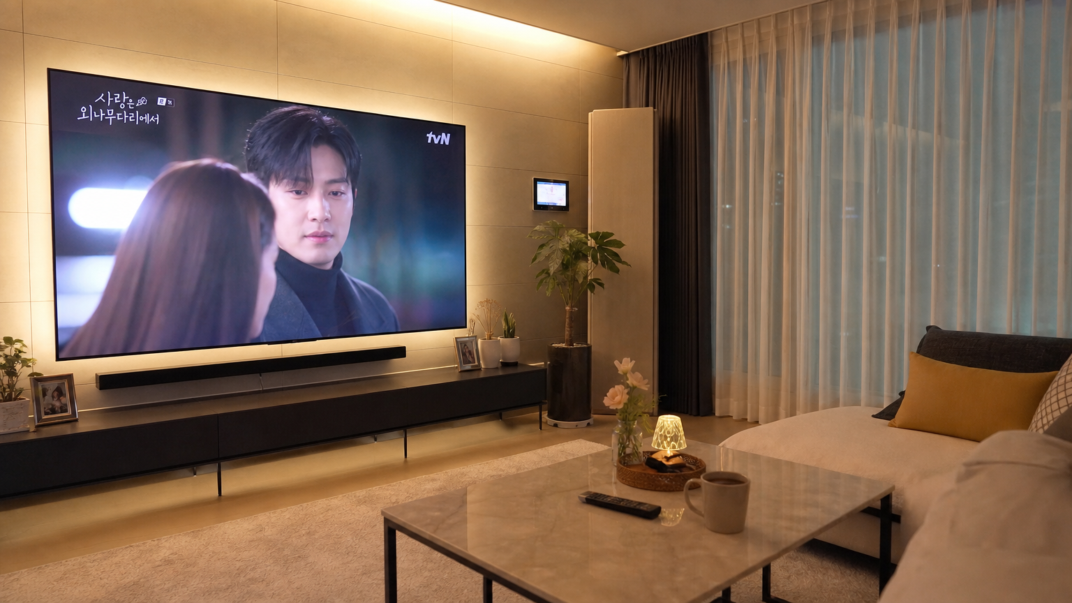 편안한 거실에서 큰 TV로 인기 드라마를 시청하는 모습