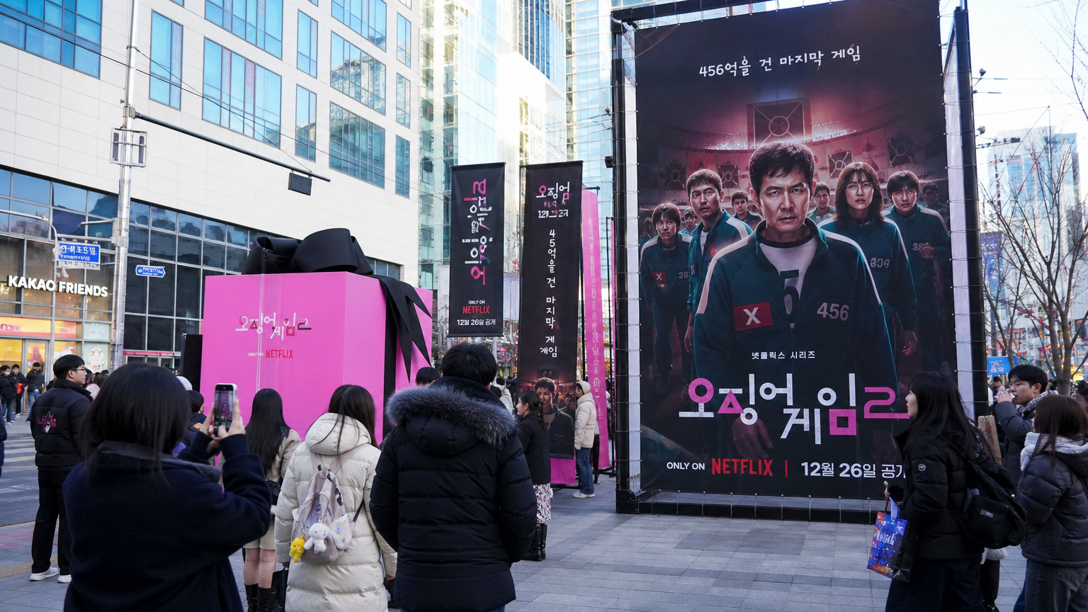 서울 거리에서 인기 드라마 포스터 앞에 서서 사진을 찍거나 이야기를 나누는 사람들