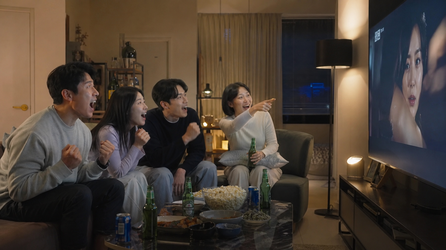 집에서 모여서 드라마를 보며 활기차게 이야기하는 친구들