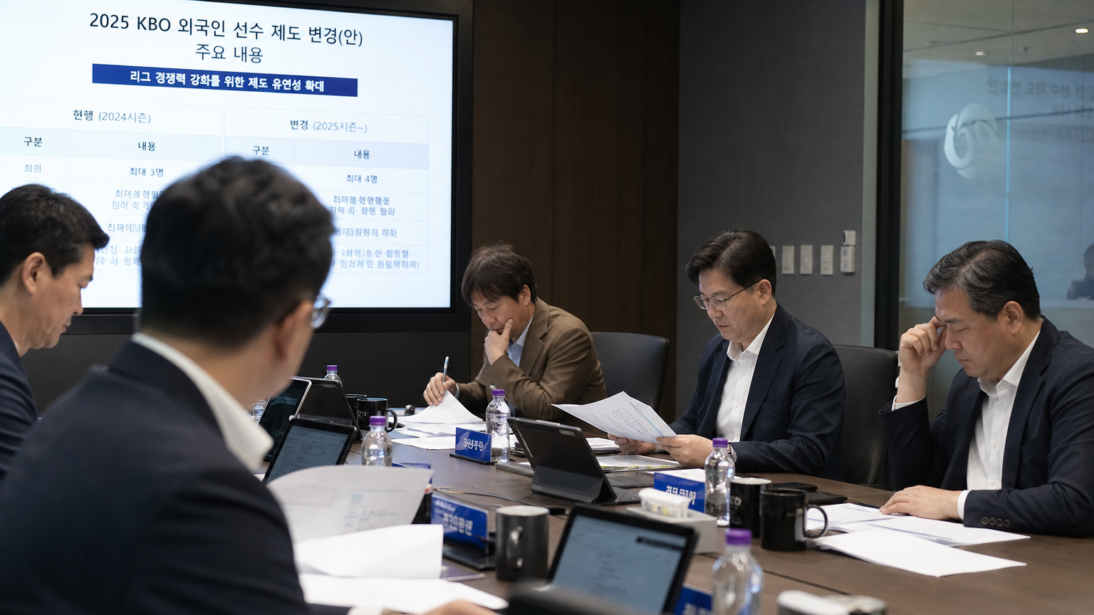 회의실에서 새로운 외국인 선수 규정을 논의하는 모습
