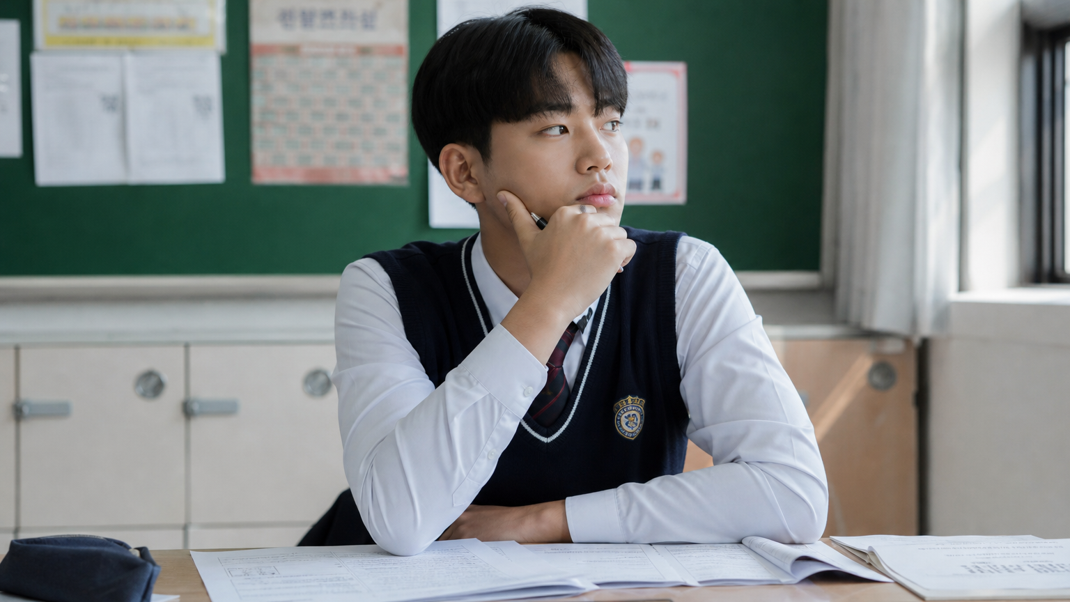 책상에 앉아 시험지를 앞에 두고 생각에 잠긴 고등학생의 모습