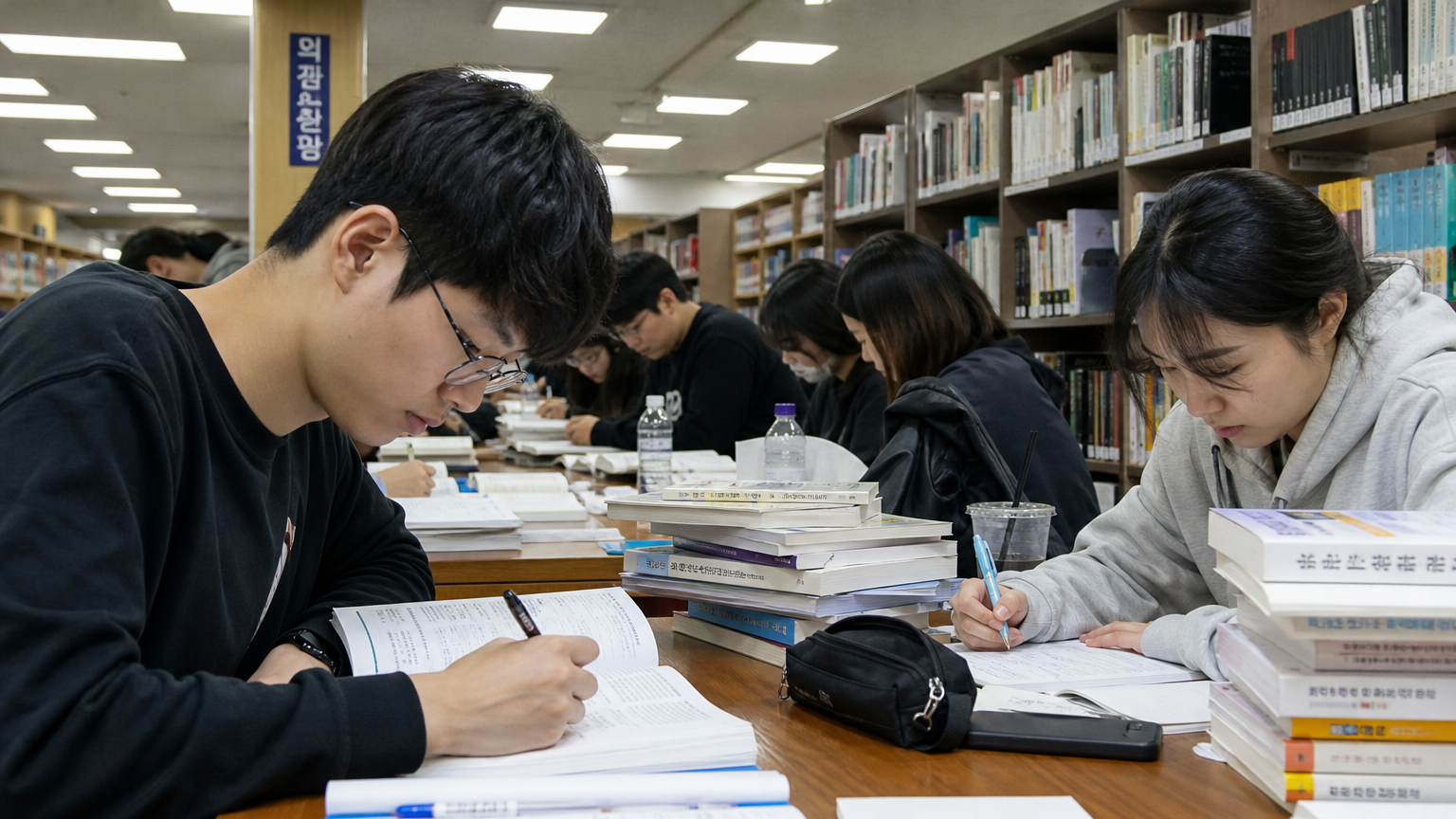 도서관에서 교재와 노트를 펼쳐놓고 공부하는 학생들의 모습
