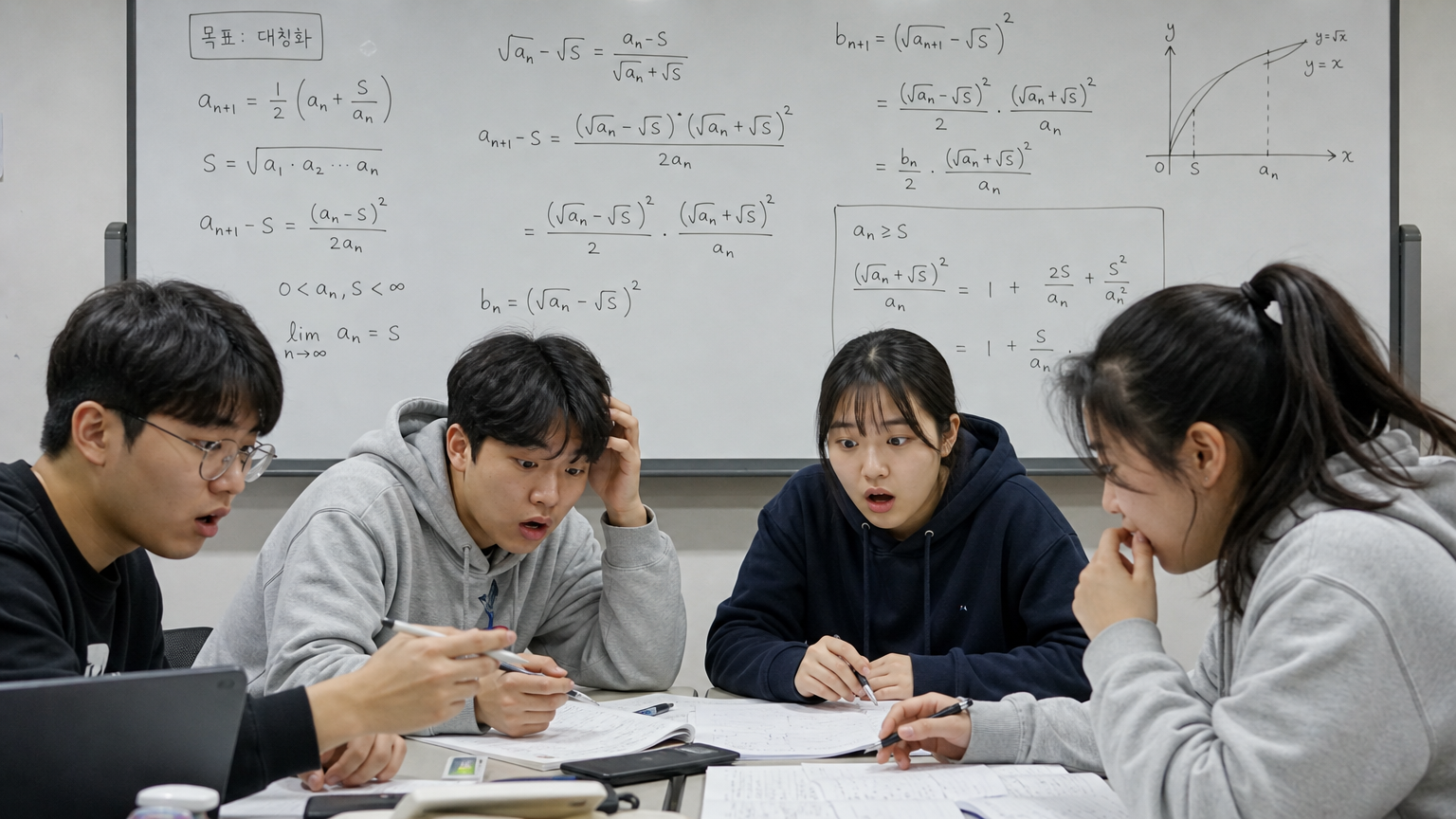 복잡한 수학 문제를 앞에 두고 토론 중인 학생들의 모습