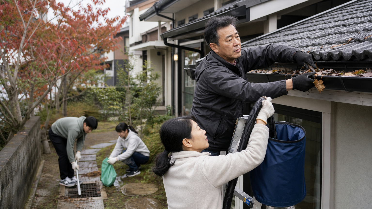 가을 비에 대비해 집 주변 배수구를 점검하고 있는 가족 모습
