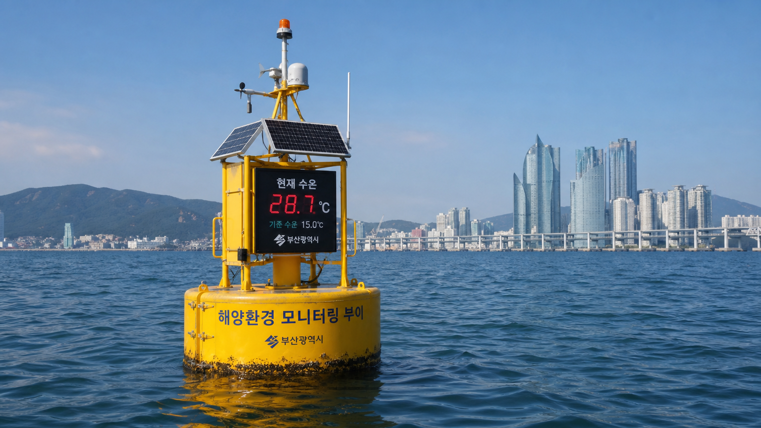 맑은 하늘 아래서 높은 온도를 표시하는 해양 온도 모니터링 부표