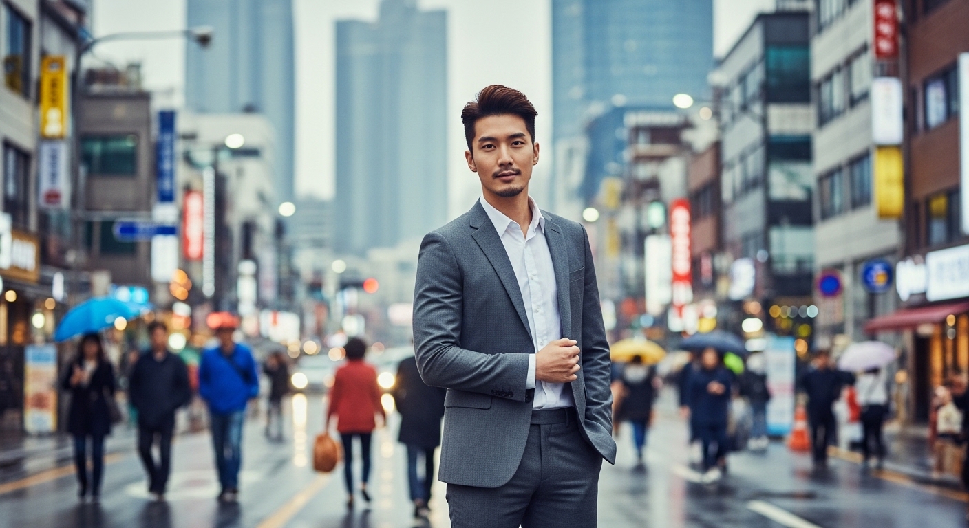 부산 번화가에서 자신감 있게 서 있는 젊은 남성