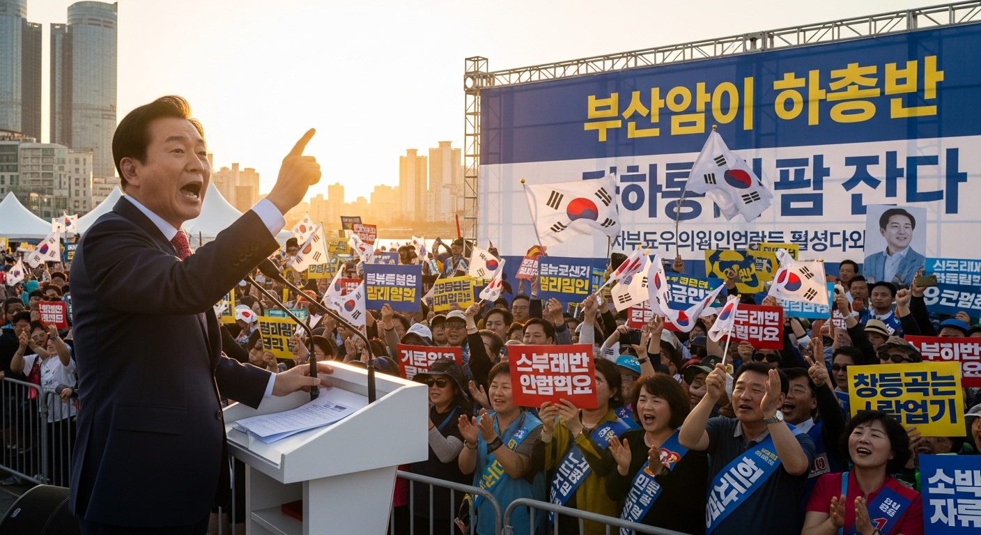 야외 집회에서 연설하는 한국 정치인의 모습