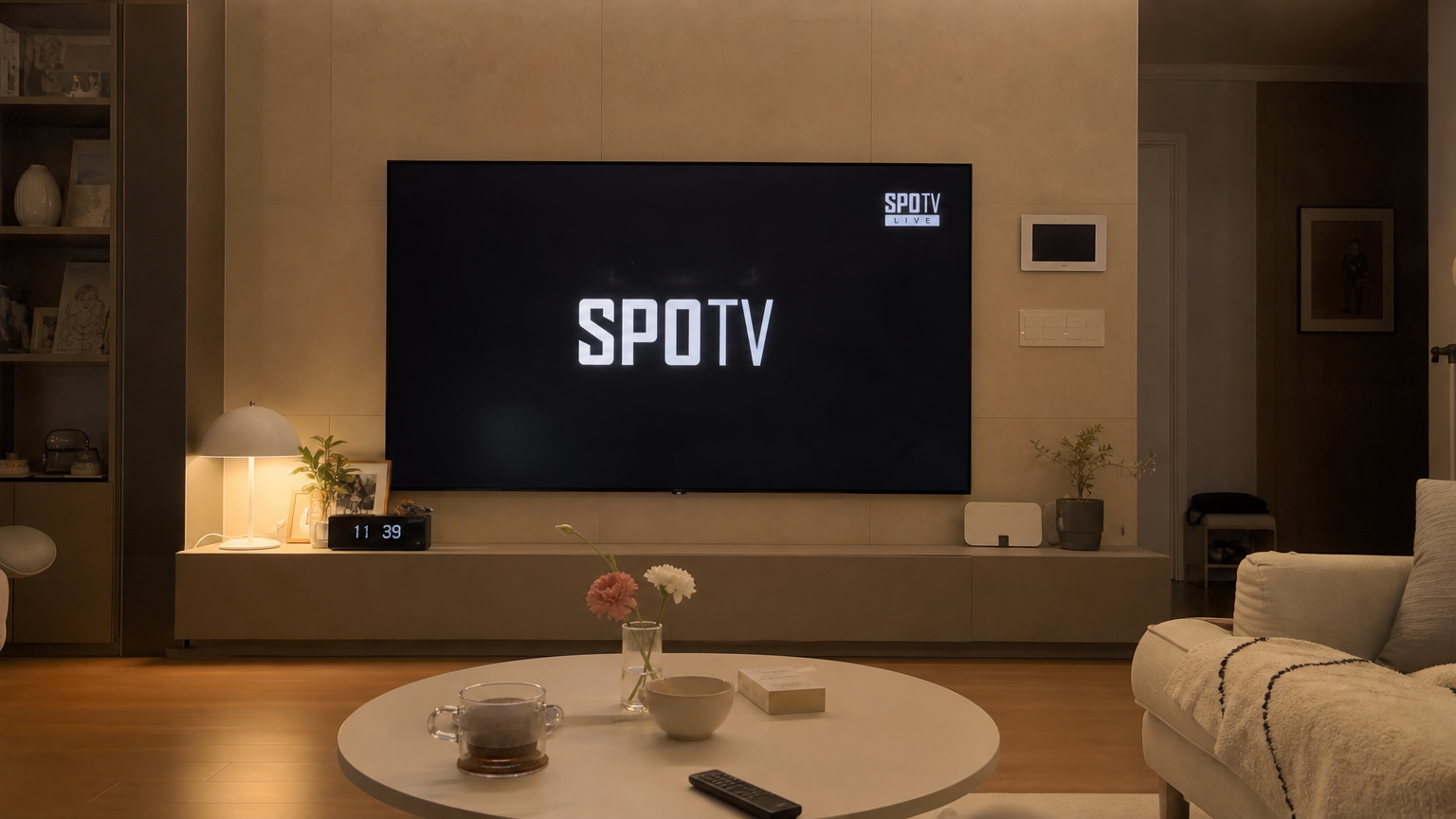 거실에 있는 대형 평면 TV에서 SPOTV 로고가 표시된 장면