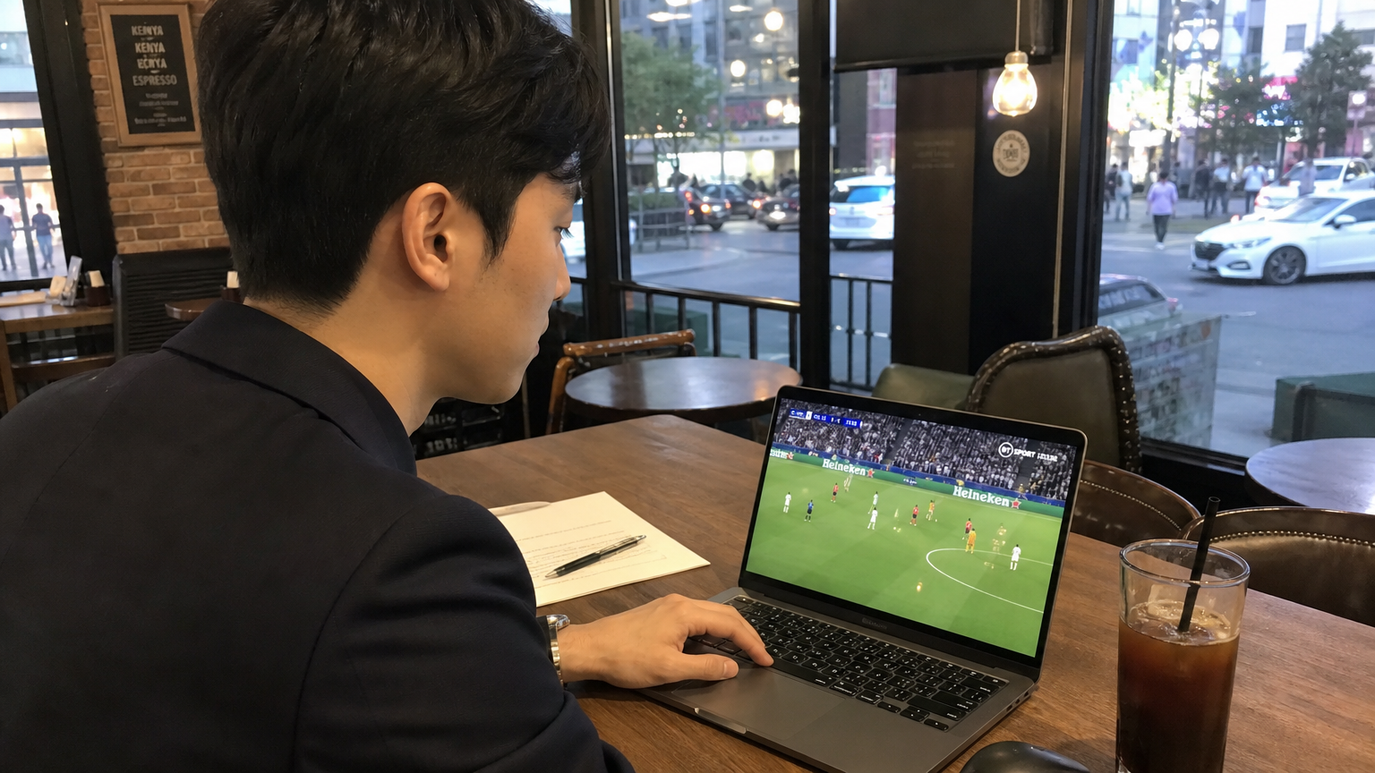 카페에서 노트북으로 UEFA 챔피언스리그 결승전을 스트리밍하는 젊은 직장인의 모습