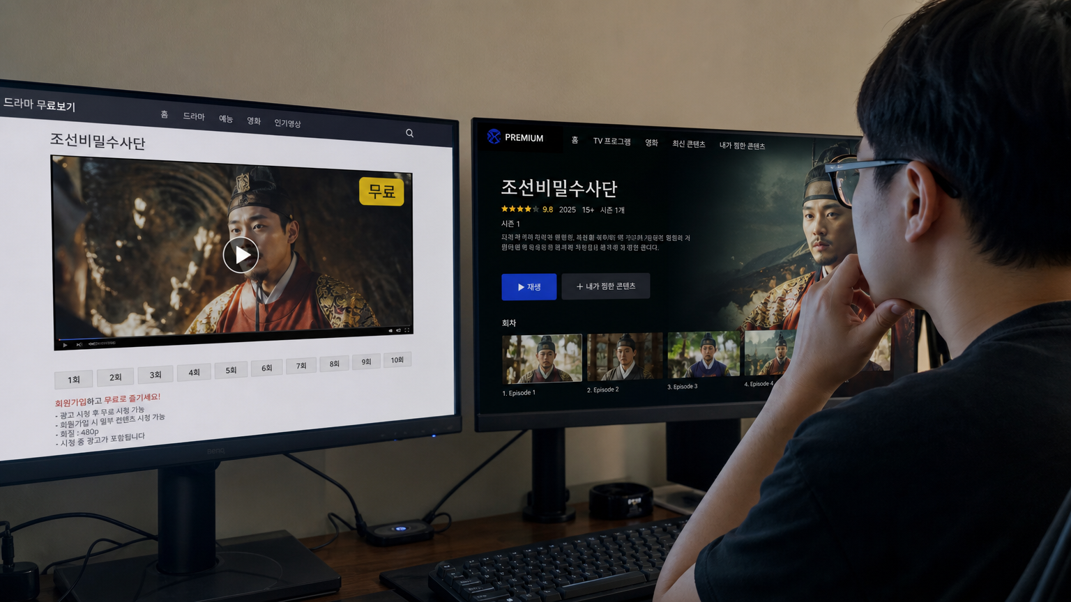 두 개의 모니터를 나란히 놓고 무료 및 유료 스트리밍 서비스를 비교하는 한국 시청자의 모습