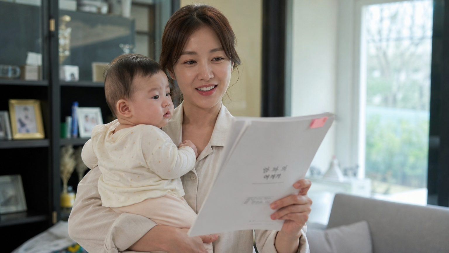 한 손에 아기를 안고 대본을 읽으며 경력을 쌓아가는 현대 한국 여배우의 모습