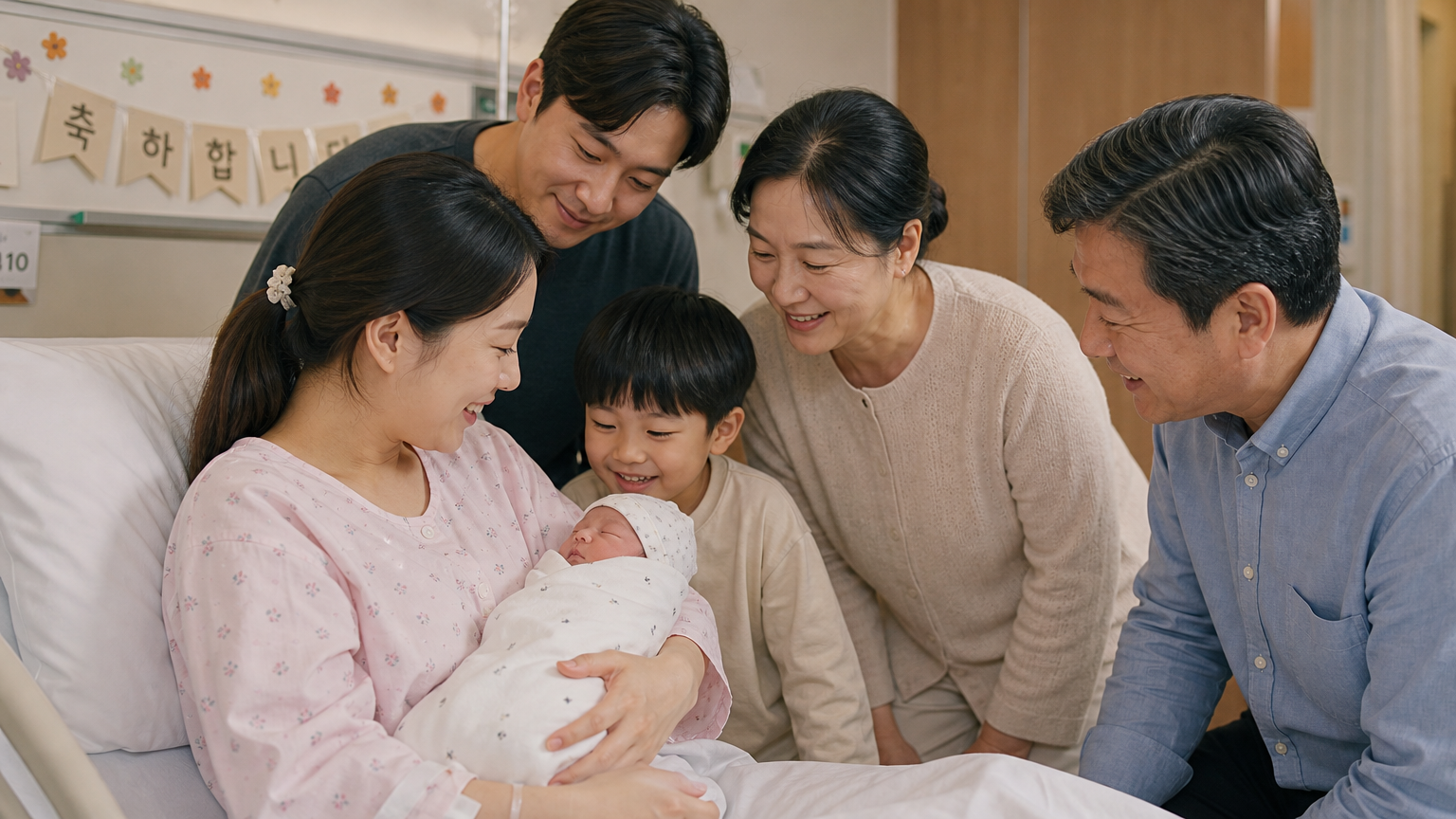 병원에서 갓 태어난 아기를 품에 안고 가족과 함께 기뻐하는 한국 어머니의 모습
