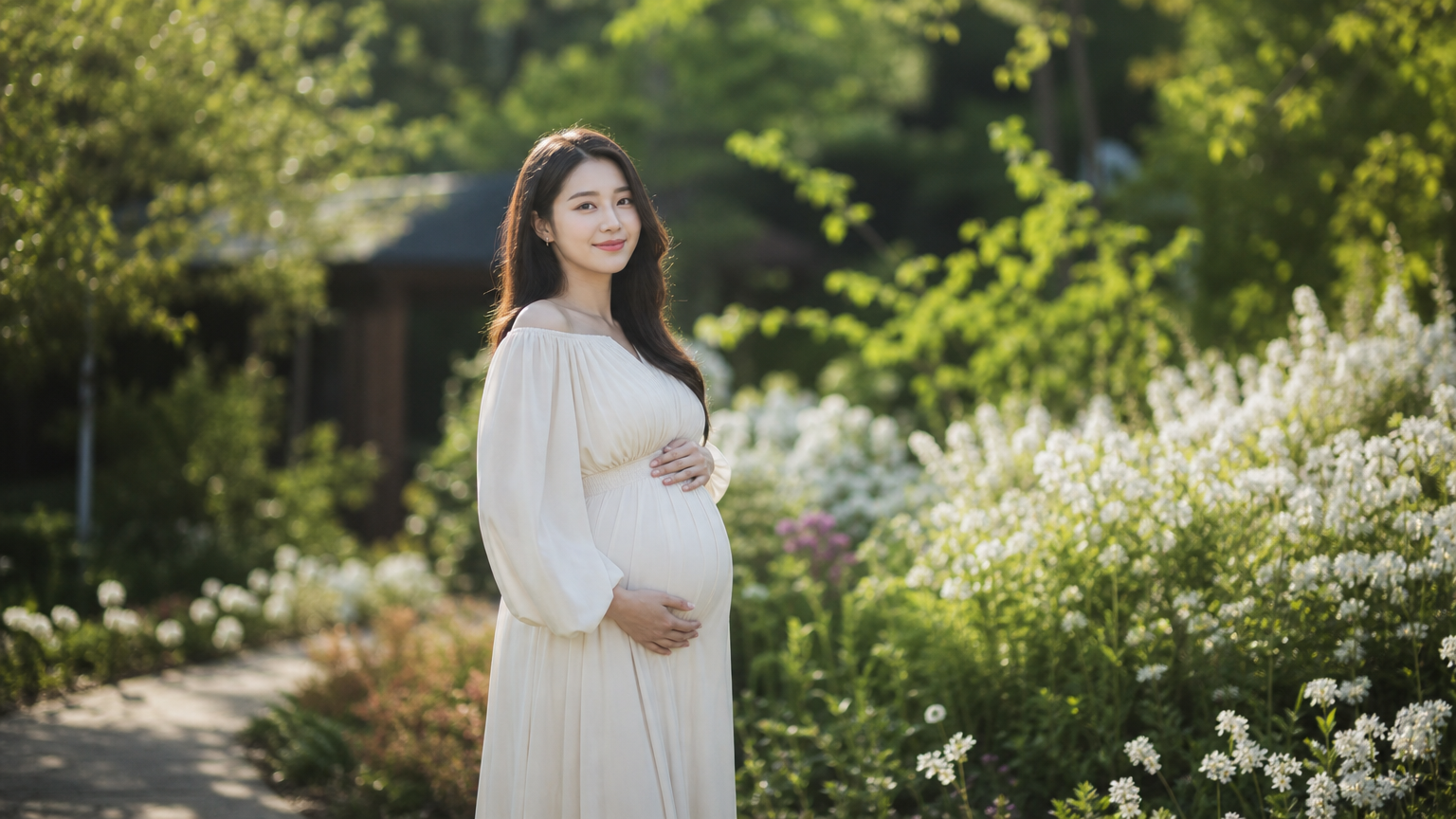 자연 속 야외 촬영 중 우아한 드레스를 입고 포즈를 취하는 임산부의 고요하고 빛나는 모습