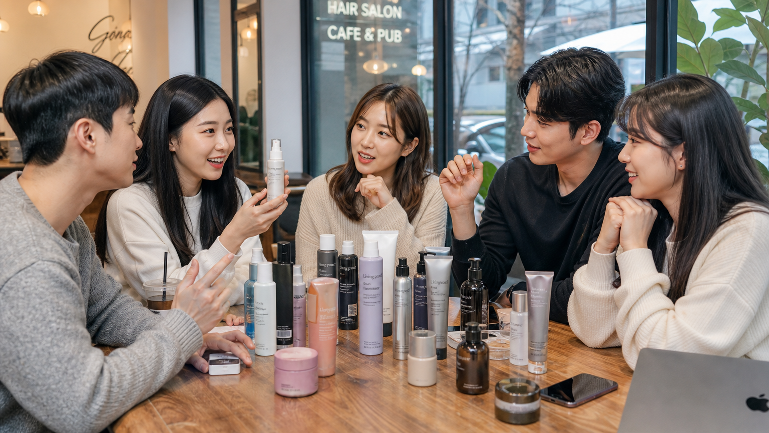 현대적인 카페에서 헤어케어 제품에 대해 토론하는 사람들