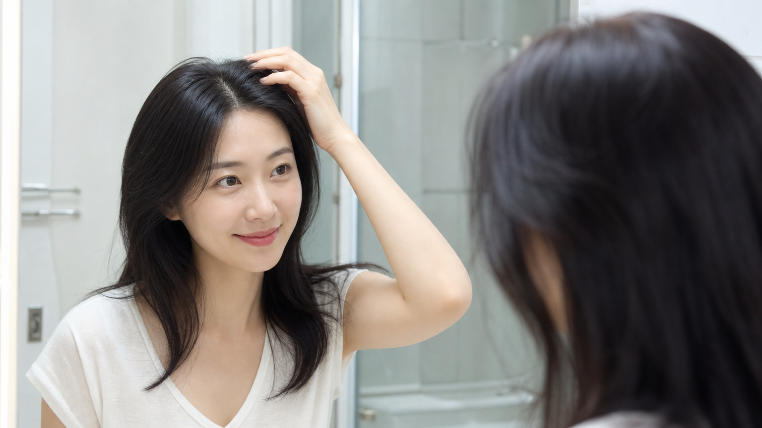 밝은 욕실에서 거울 앞에서 머릿결을 확인하는 여성