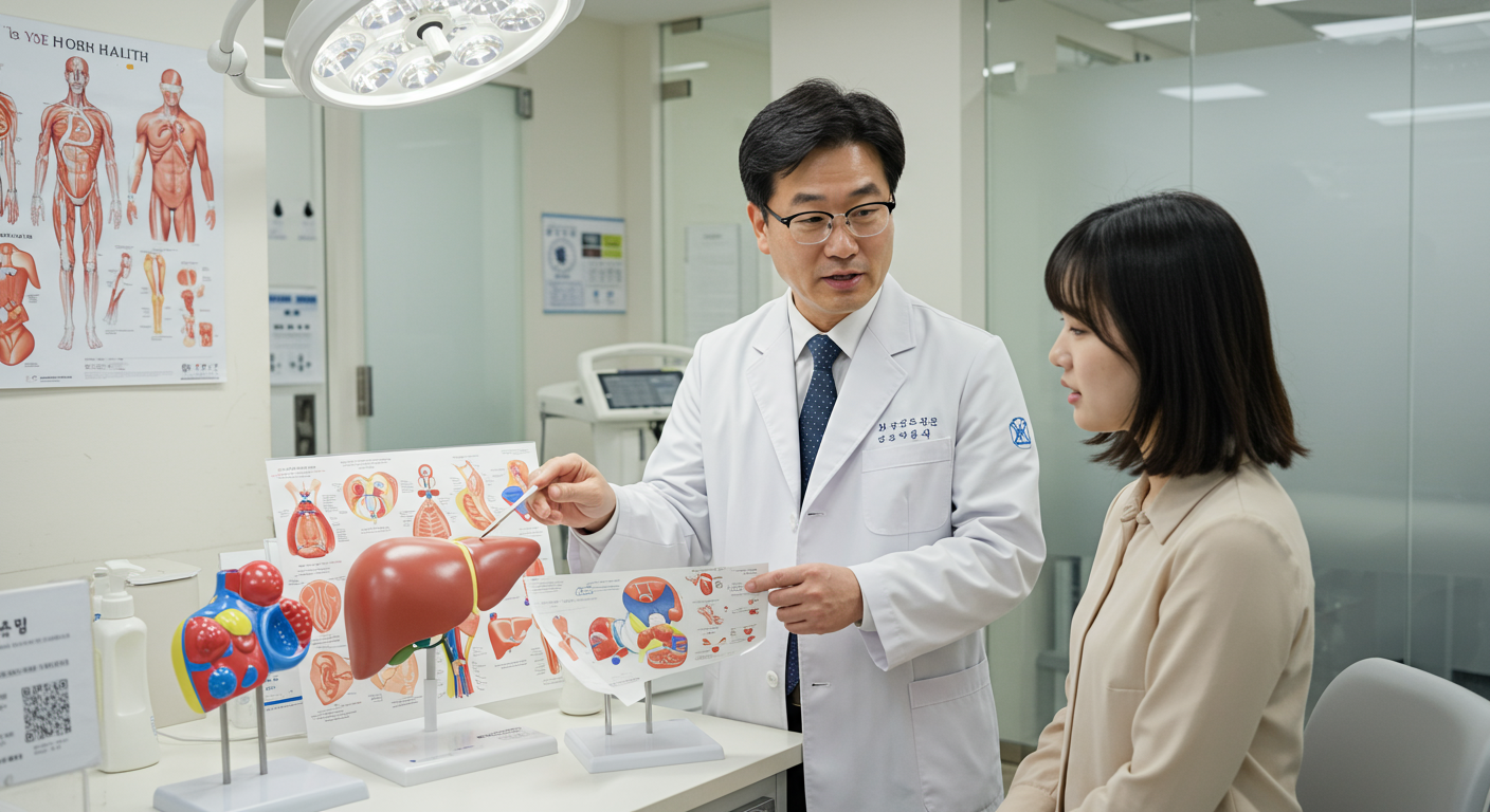 현대적인 의료 환경에서 의사가 환자에게 간 건강과 관련된 정보를 설명하는 장면