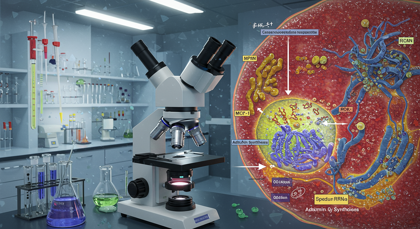 현미경 아래 간세포에서 알부민 단백질 합성을 관찰하는 실험실 장면