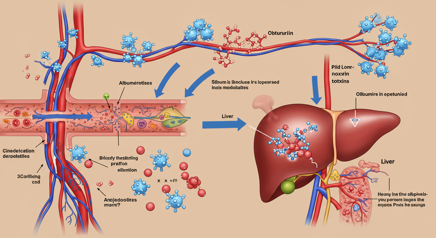 혈류를 통해 독소를 운반하여 간으로 이동시키는 알부민의 경로를 보여주는 다이어그램